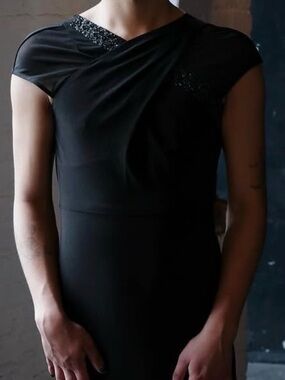 Halston Maxi Dress with mesh and beading cross neckline, NWOT, Sz.0